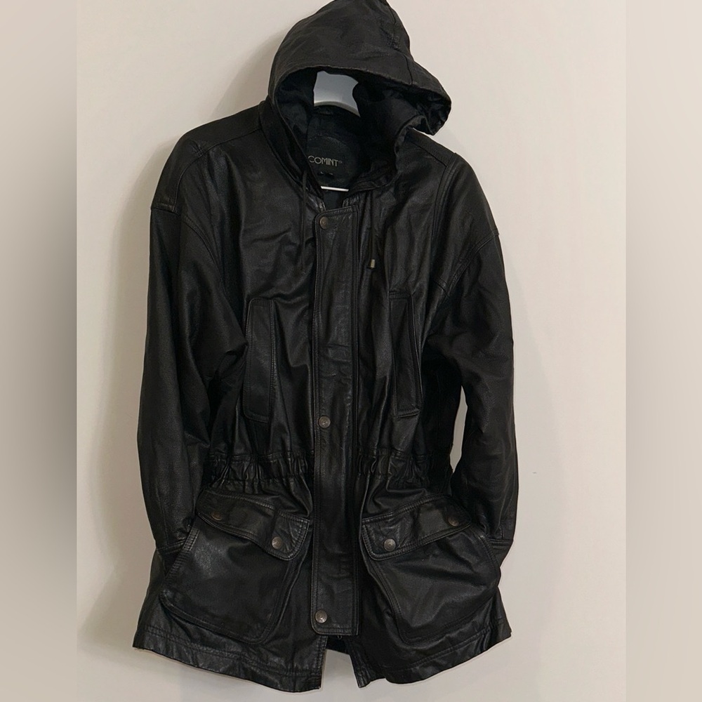 Comint Genuine Leather Utility Style Hooded Parka Jacket Size L